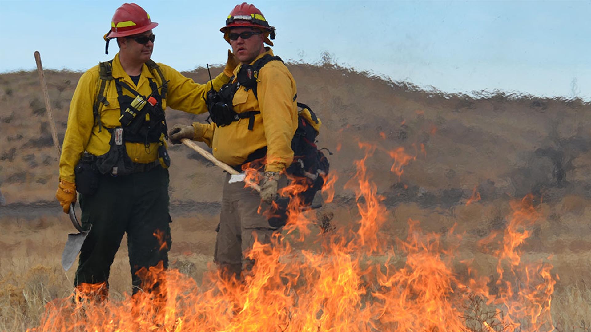 Two firefighters in wildland firefighting gear stand in front of active flames in a grassy field.