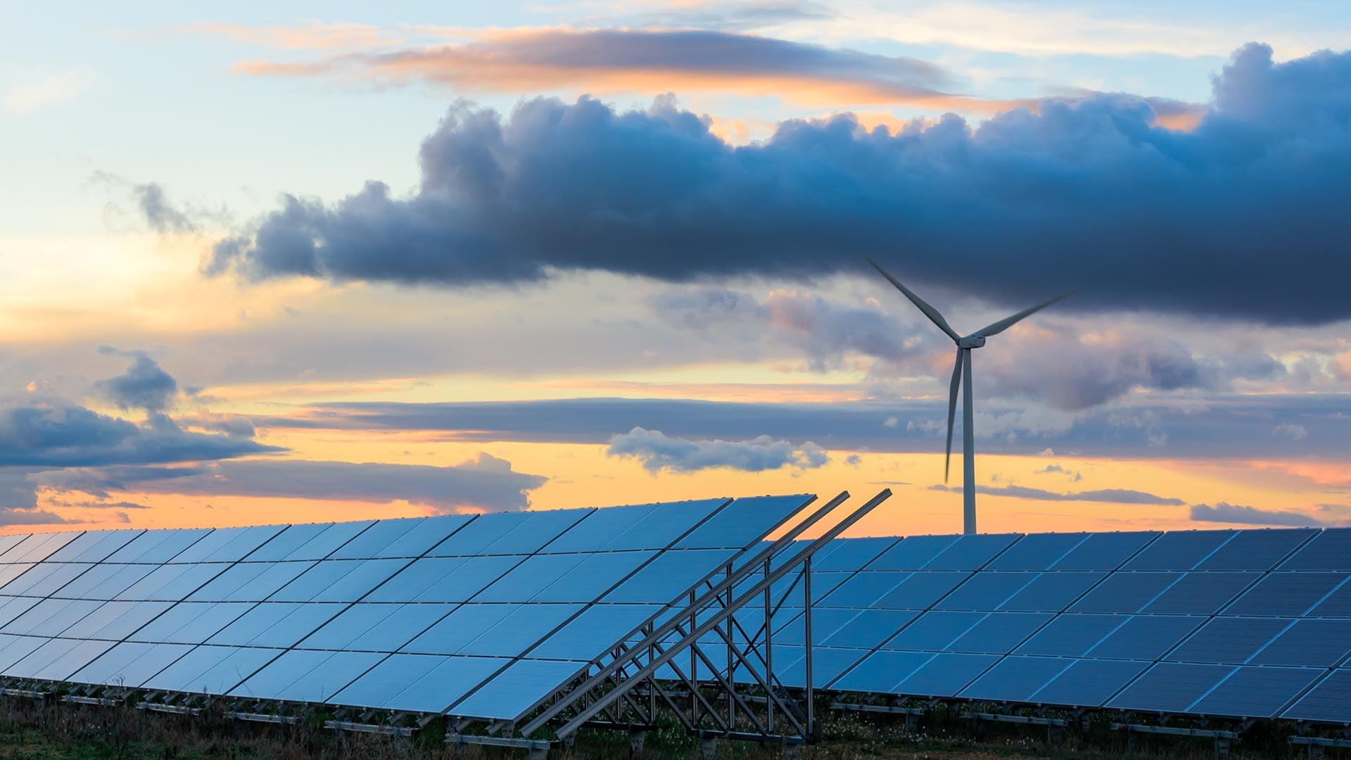 Paneles solares en primer plano, con un aerogenerador visible a lo lejos al atardecer.