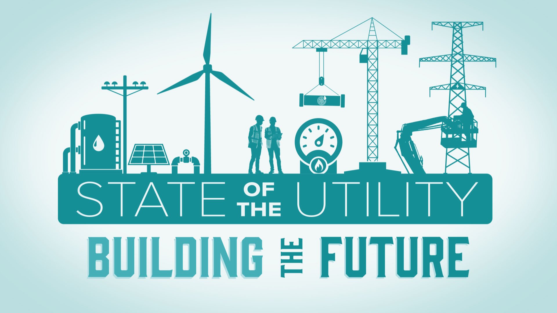 Logotipo de State of the Utility. Ilustración de líneas eléctricas, grúas, trabajadores de servicios públicos, torres de líneas de transmisión y paneles solares en el horizonte. El texto del gráfico dice 
